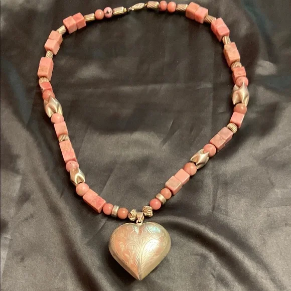 Vintage Sterling Silver Heart Pendant and Pink Stone Necklace - Picture 1 of 16